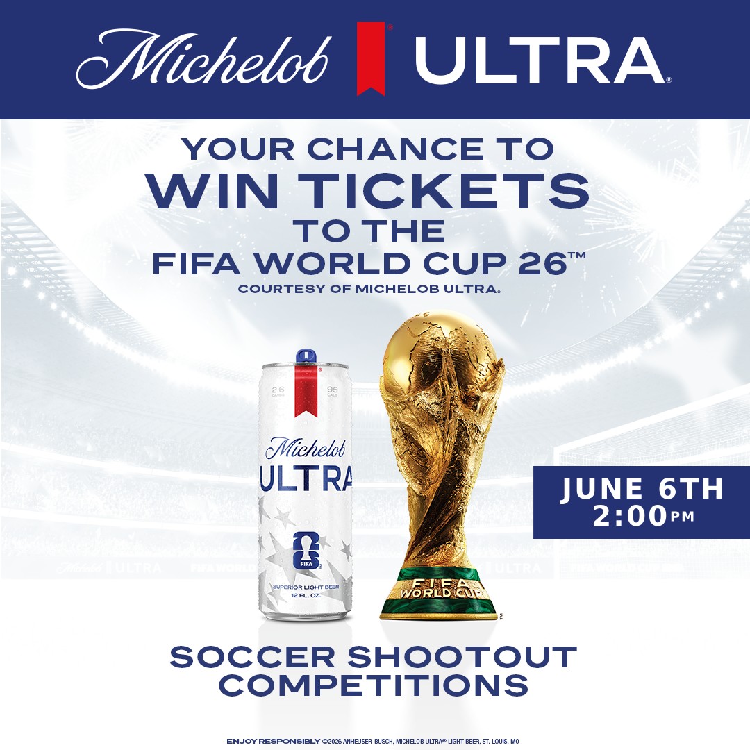 ⚽🎟️ WORLD CUP TICKET GIVEAWAY 🎟️⚽
Join us Saturday, June 6th from 2PM–4PM for the Michelob Ultra Soccer Shootout! 🍻
Think skee-ball… but with your feet. 👟⚽
Each participant gets 5 attempts to rack up the highest score. At the end of Round 1, the top score wins — and if multiple players tie for the highest score, we’ll move into a sudden-death Round 2 featuring only the finalists.
🏆 GRAND PRIZE:
TWO FREE TICKETS to the Sunday, June 14th Japan vs Netherlands World Cup match at Dallas Stadium in Arlington!
While you play, enjoy featured drink specials from Michelob Ultra & Nutrl:
🍍 $18 Island Spritz
Nutrl Pineapple • Coconut Rum • Lime Juice
☀️ $16 Summer Breeze
Nutrl Cranberry • Vodka • Lemon Juice
🌊 $15 Sailor’s Seltzer
Nutrl Black Cherry • Spiced Rum • Lime Juice
🥤 $8 Nutrl Cans
🍺 $6 Michelob Draft Pints
⚠️ Must be 21+ to participate.
Bring your crew, test your shot, and score your way to the World Cup! ⚽🔥
